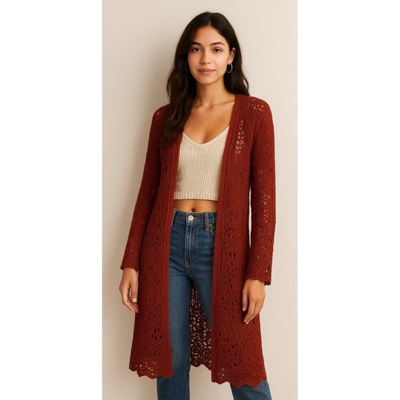 Charlotte Russ Long Burgandy Crochet Knitted Sweater Long Duster Open Front S - Picture 1 of 9